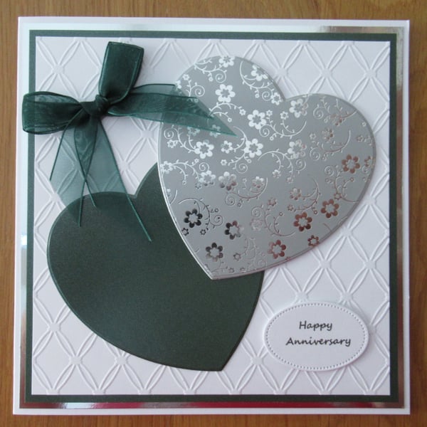 7x7" Luxury Two Hearts - Anniversary Card - Forest Green
