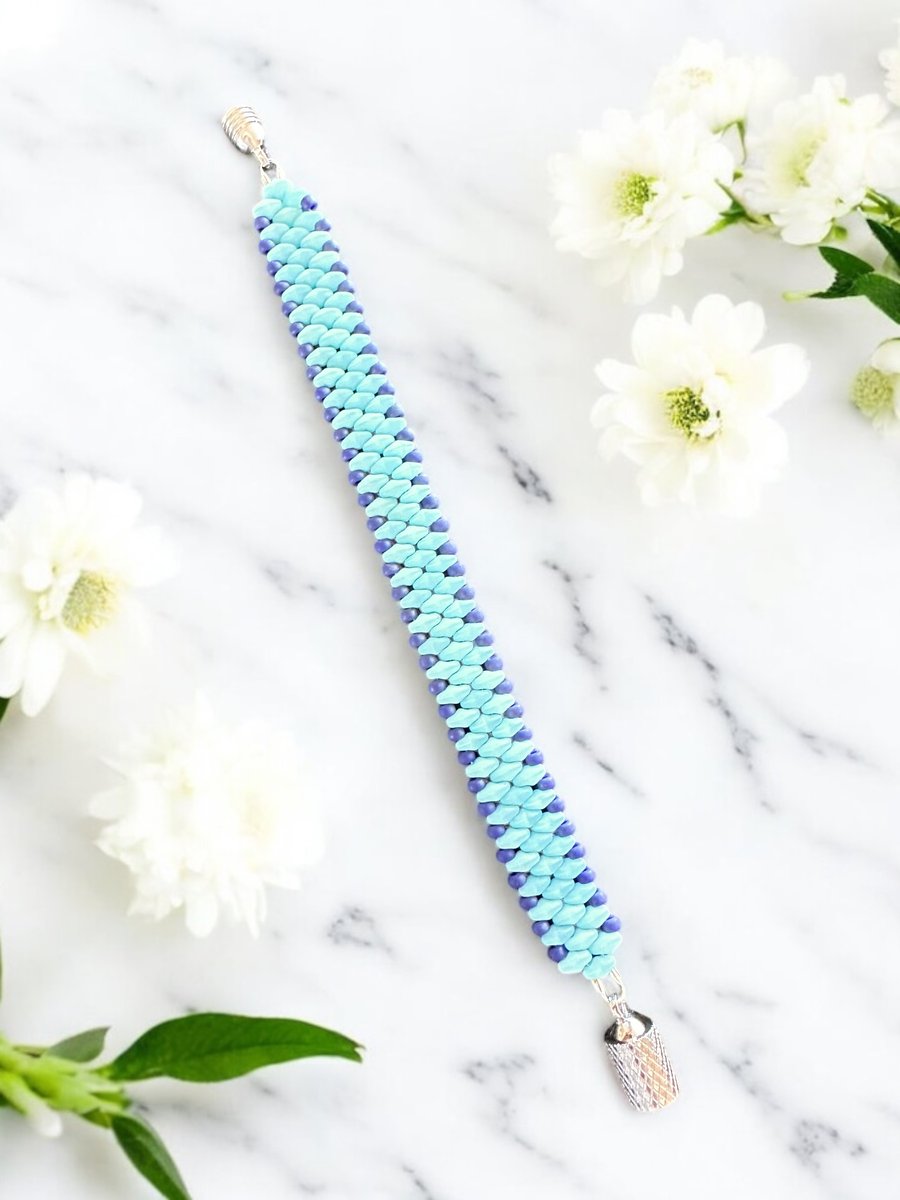 Slim SuperDuo Bracelet - Matte Seafoam & Royal Blue