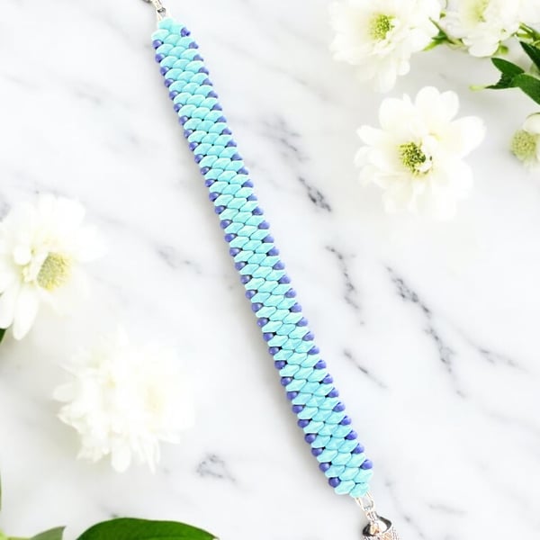 Slim SuperDuo Bracelet - Matte Seafoam & Royal Blue