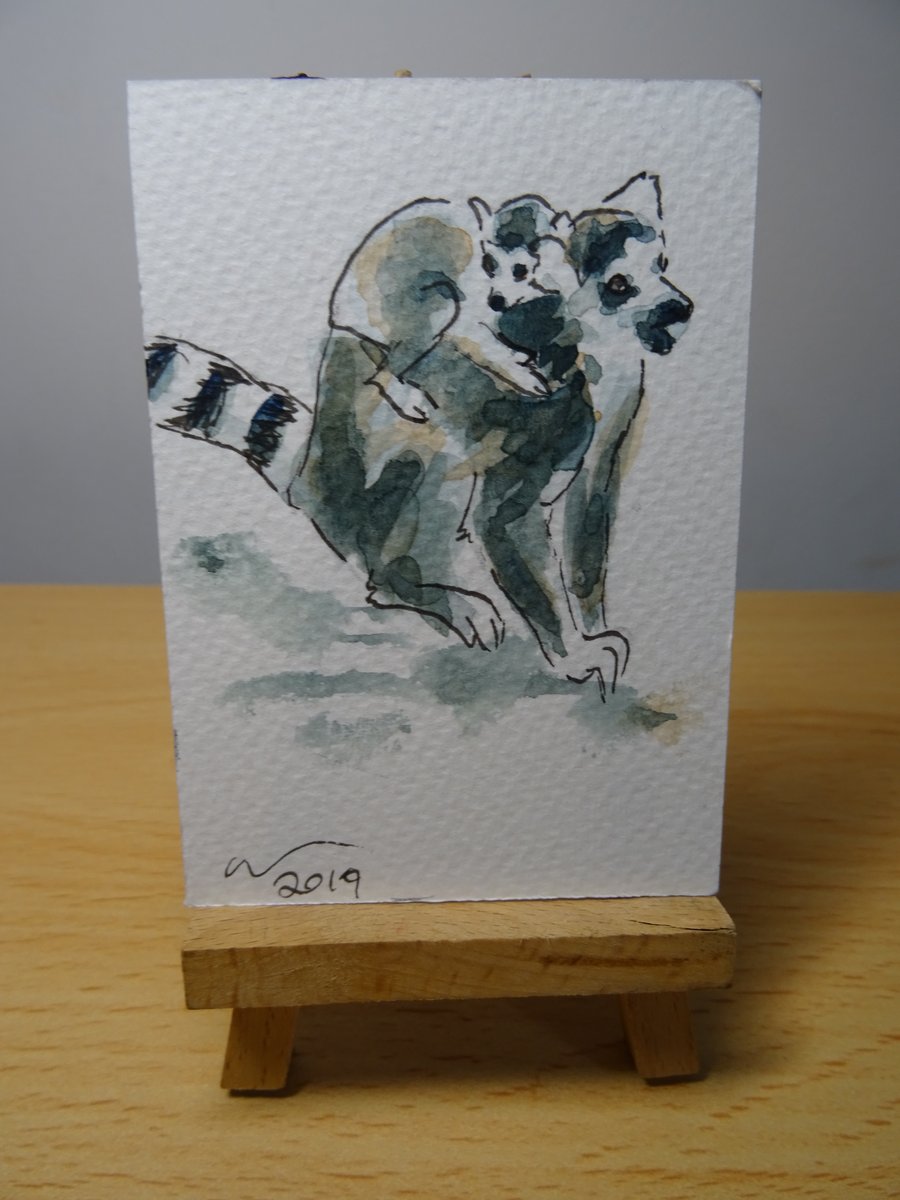 ACEO Animal Art Ring Tailed Lemur & Baby Original Watercolour Ink Painting OOAK 