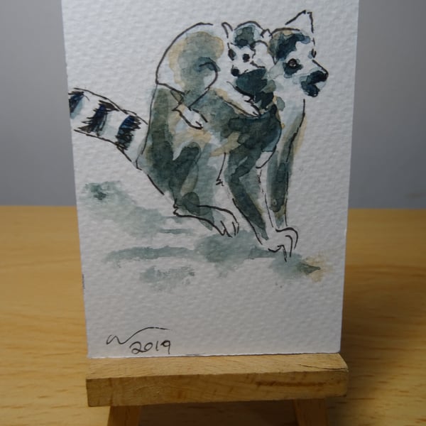 ACEO Animal Art Ring Tailed Lemur & Baby Original Watercolour Ink Painting OOAK 