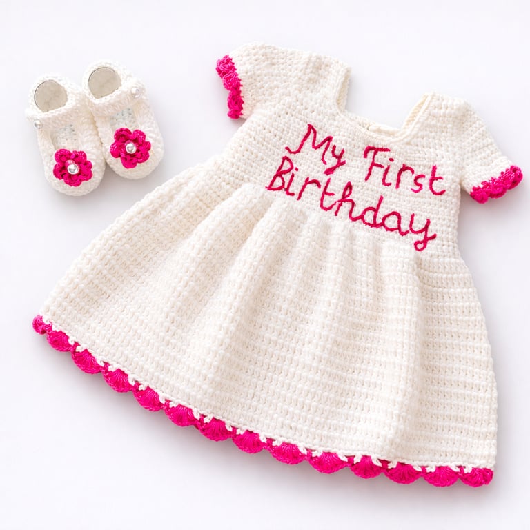My First Birthday" Crochet Baby Dress Set – White & Red