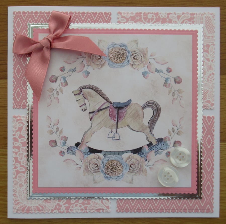 Pink Rocking Horse - 7x7" New Baby Card