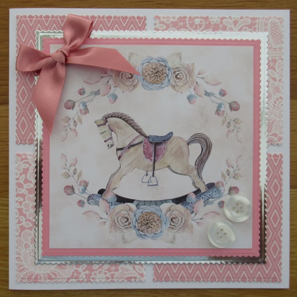 Pink Rocking Horse - 7x7" New Baby Card