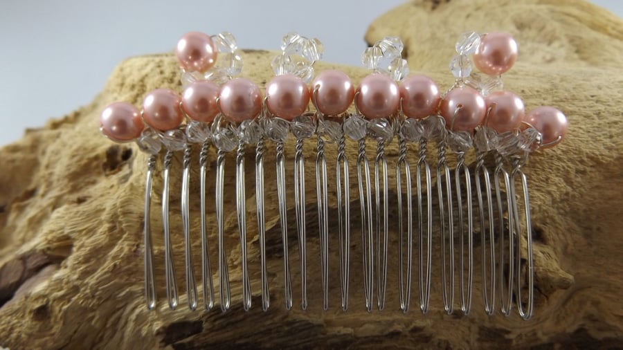 Pink Shell pearl and crystal hair comb