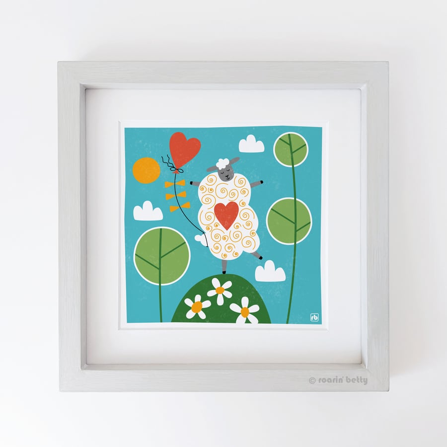 I Love Ewe, sheep with heart balloon print, modern sheep art, Giclee print 