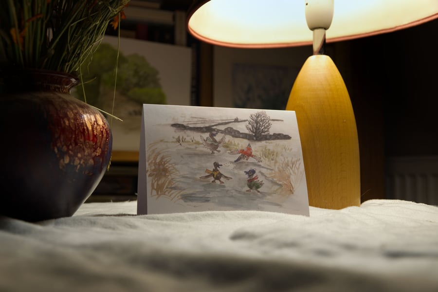 'The Ducks Skidding on Ice' Christmas greeting card