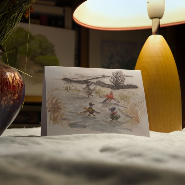 'The Ducks Skidding on Ice' Christmas greeting card