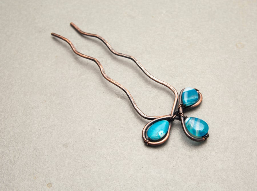 Celtic blue onyx Copper Hair Fork, handmade Copper Hair bun slide,