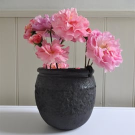 Textured ceramic posy bowl, moon jar, vase. Matt black outside, glazed inside. 