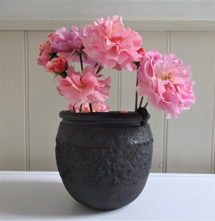 Textured ceramic posy bowl, moon jar, vase.Natural clay outside, glazed inside. 