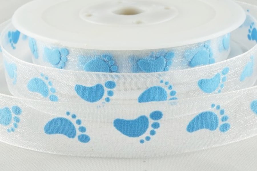 Baby footprint ribbon blue sheer organza 16mm x 4 Metres 