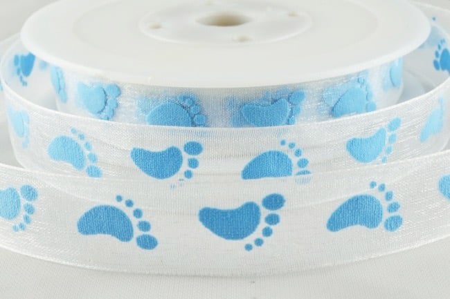 Baby footprint ribbon blue sheer organza 16mm x 4 Metres 