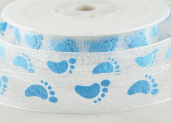 Baby footprint ribbon blue sheer organza 16mm x 4 Metres 