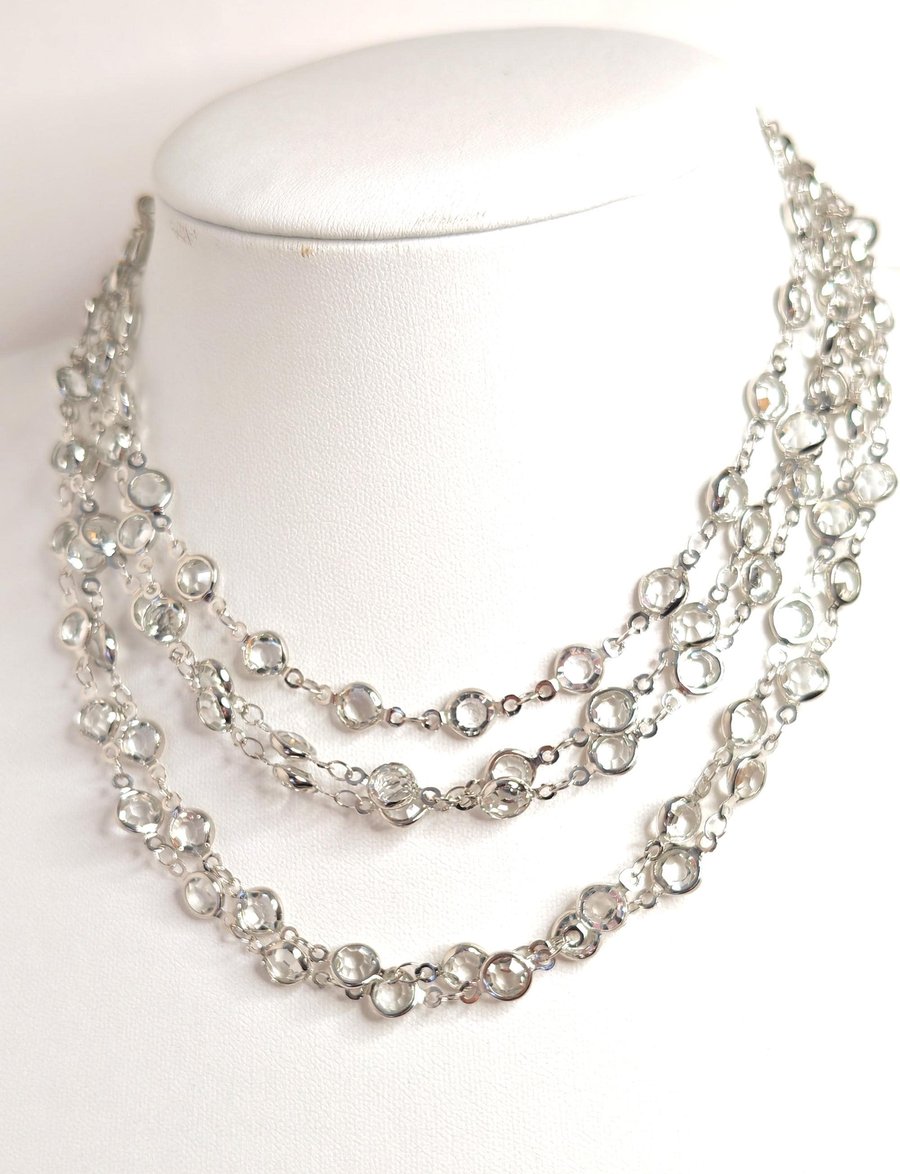 Very Long Clear CZ Crystal Chain Necklace Silver Plated No Clasp 78 or 40 inch