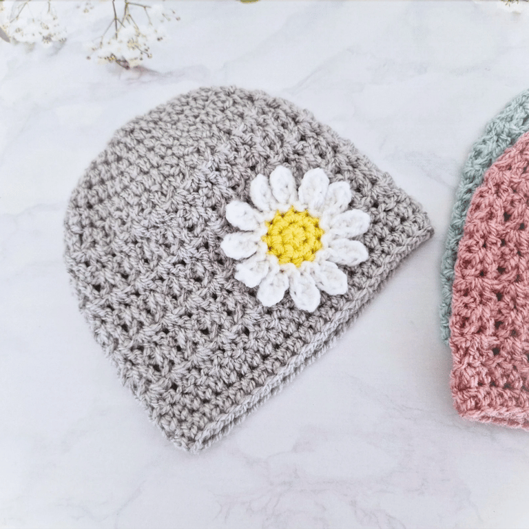 Crochet Baby Beanie with Daisy – Handmade Baby Hat for Newborn to 2 Years