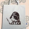 Darth Vadar Cat Tote Animal Linocut Hand Printed Cream Shopping Bag