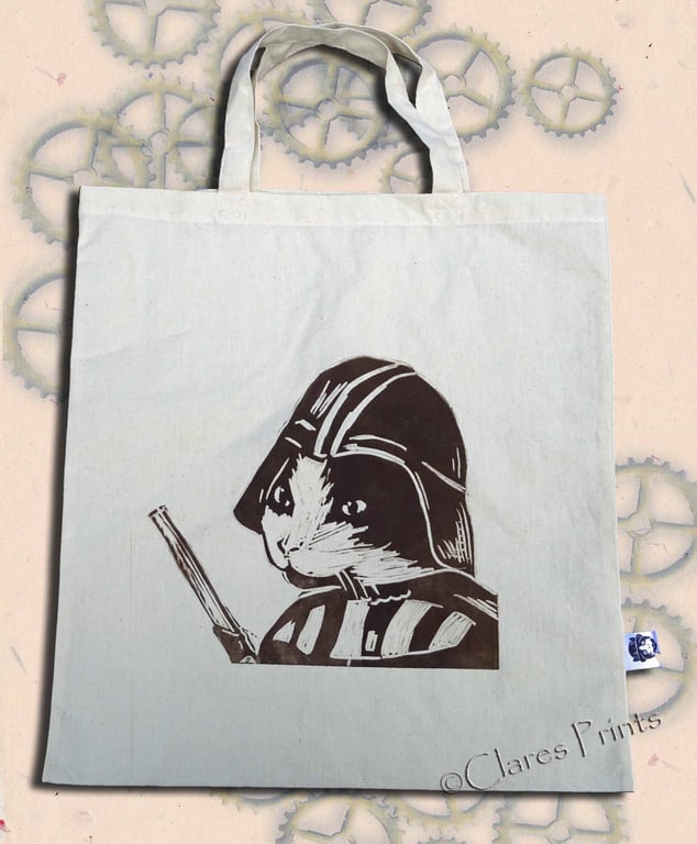 Darth Vadar Cat Tote Animal Linocut Hand Printed Cream Shopping Bag