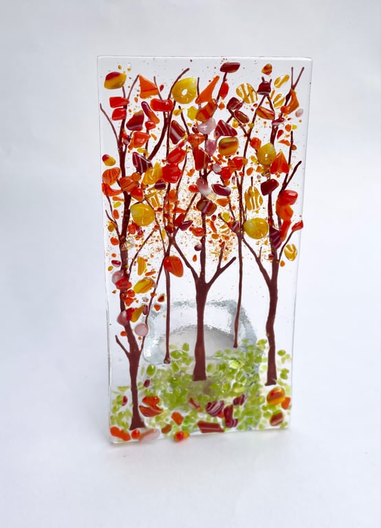 Fused Glass Autumn Trees Candle Holder Handmade Tea Light Holder Gift