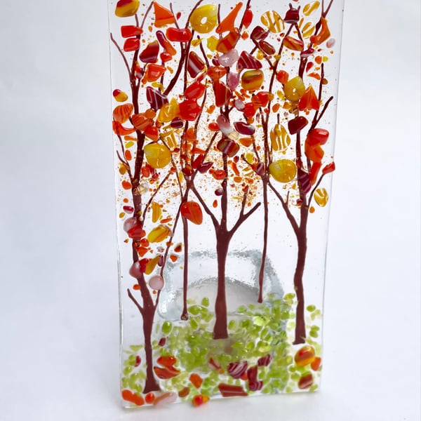 Fused Glass Autumn Trees Candle Holder Handmade Tea Light Holder Gift