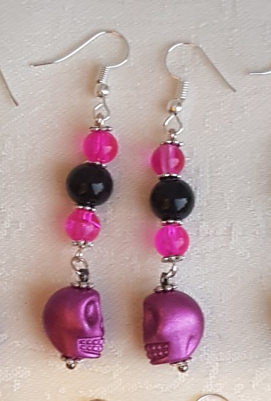 Spooky Bead and Skull dangle Earrings - Kooky Pink