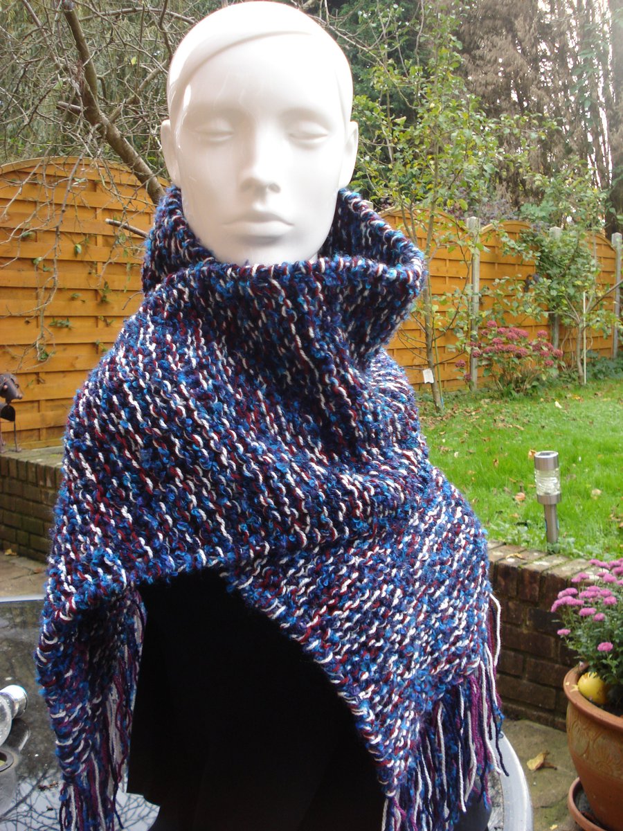Five Yarn Scarf Knitted with Blue, Navy, White and Plum Yarn (R200)