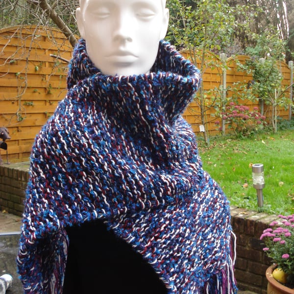Five Yarn Scarf Knitted with Blue, Navy, White and Plum Yarn (R200)
