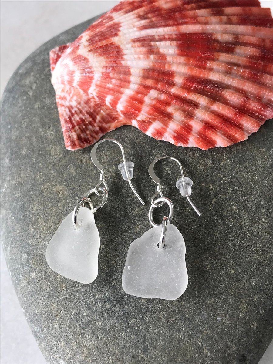 White Devon Sea Glass,  Sterling Silver Simple Earrings, Eco Gift, Recycled 
