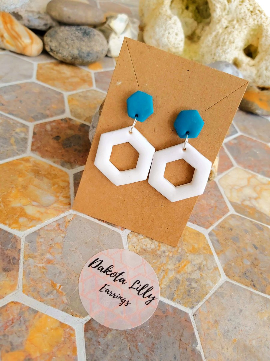 Blue and white hexagon polymer clay earrings
