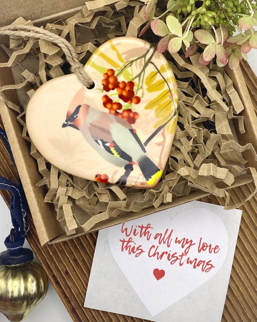 Feasting Waxwing with Winter Berries - Christmas Heart Decoration Keepsake