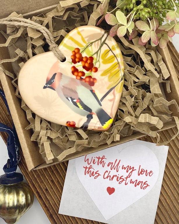 Feasting Waxwing with Winter Berries - Christmas Heart Decoration Keepsake