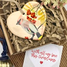 Feasting Waxwing with Winter Berries - Christmas Heart Decoration Keepsake