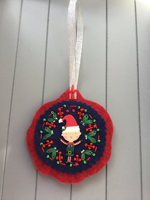 Hand Embroidered Christmas Elf Decoration 