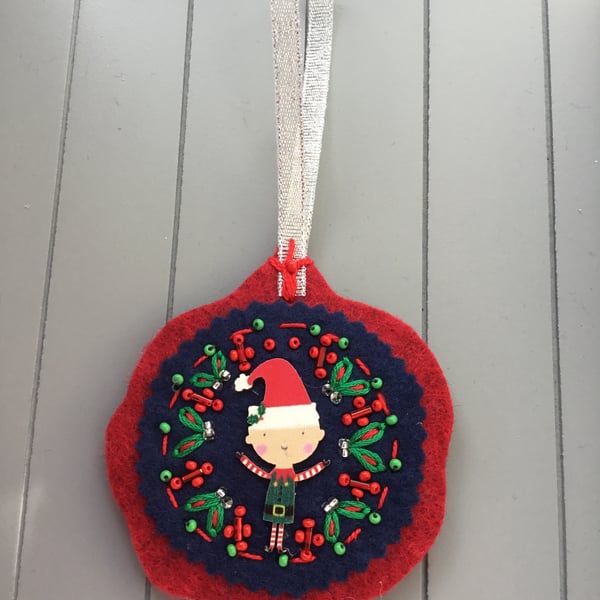 Hand Embroidered Christmas Elf Decoration 