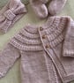 Hand Knitted Baby Girl Cardigan Set – Pink 3–6 Months, Headband & Booties  