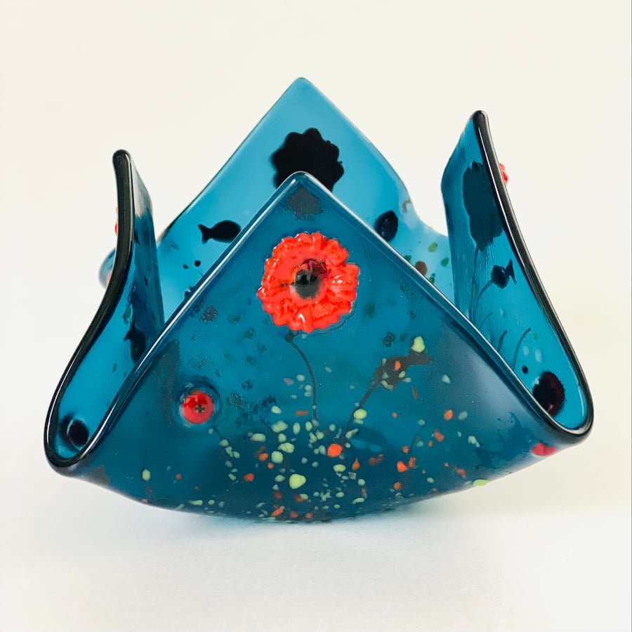  Poppy Fused glass decorative candle holder-glass art