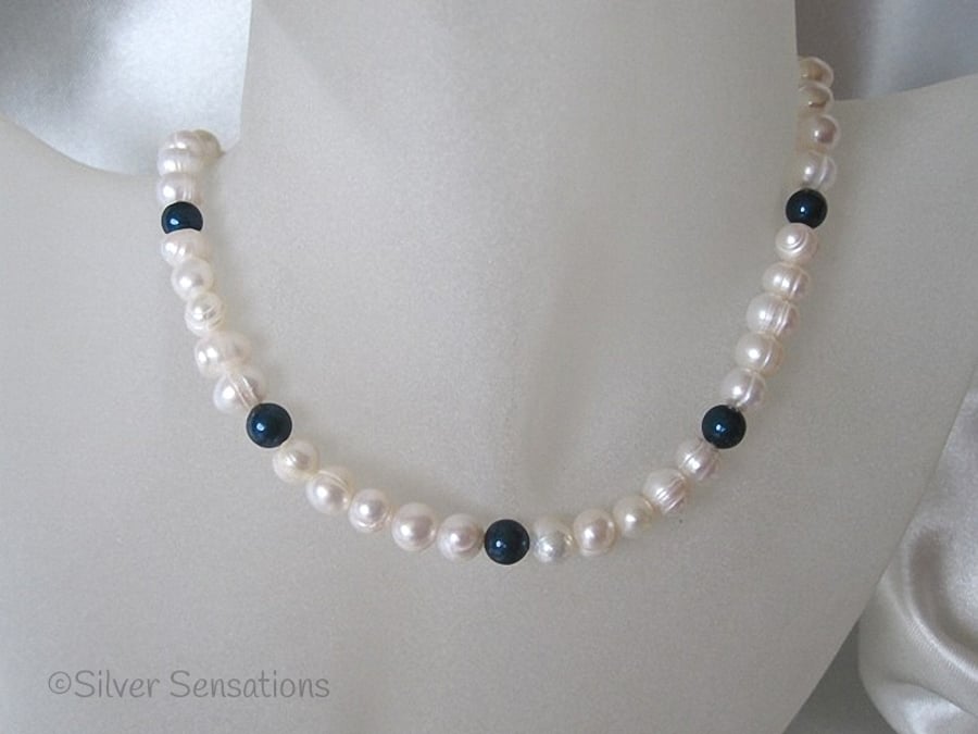 White Cultured Freshwater Pearls & Swarovski Petrol Pearls Sterl Silver Necklace