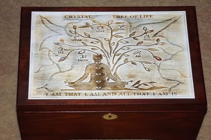 FREE POST - LOCKABLE Handmade CRYSTAL Tree Of Life wooden jewellery box