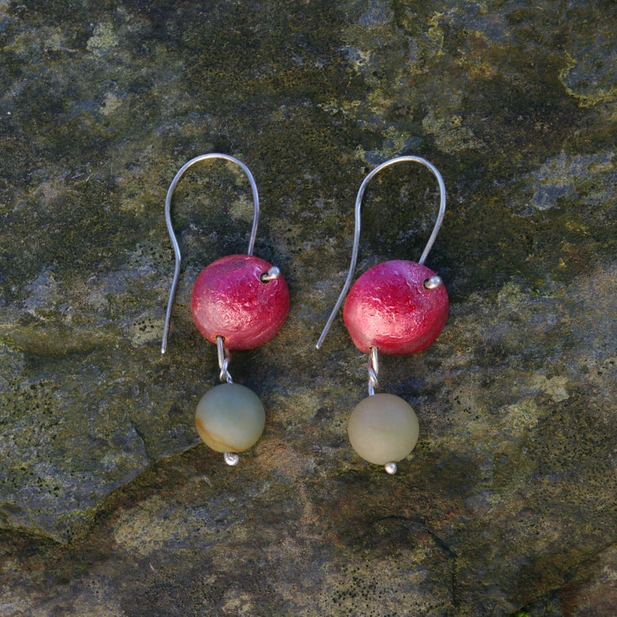 Red Copper and Green Agate Earrings 