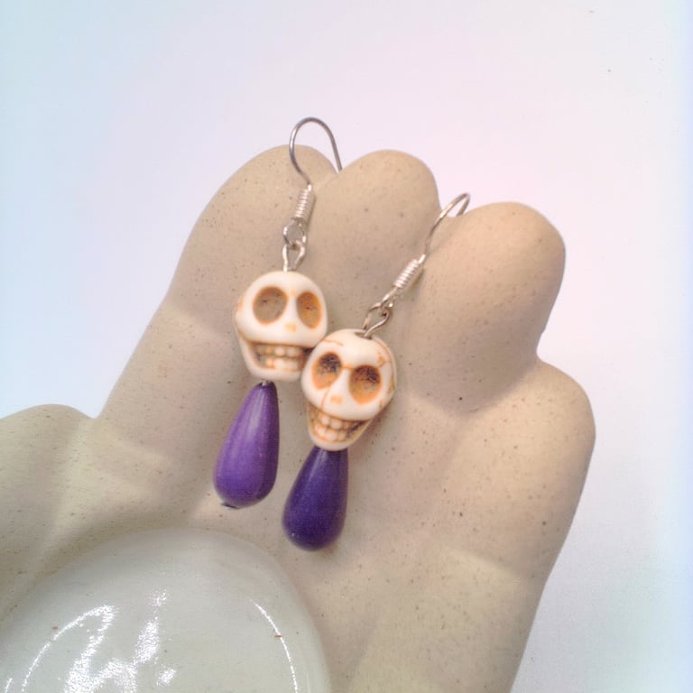 Howlite Skull and Purple Teardrop Bead Earrings, Halloween Earrings,Gift for Her