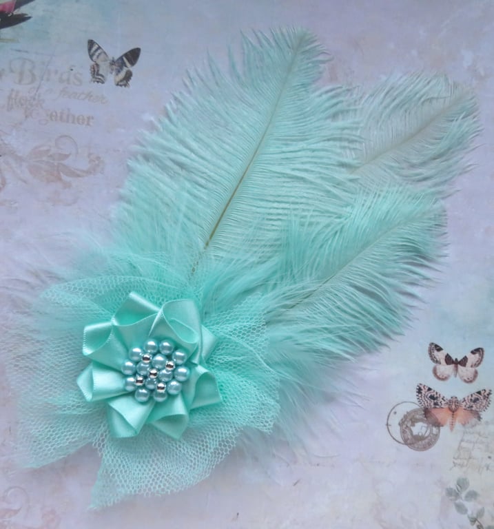 Aquamarine Celadon Blue Ostrich Feather Regency Style Headpiece Fascinator