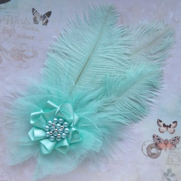 Aquamarine Celadon Blue Ostrich Feather Regency Style Headpiece Fascinator