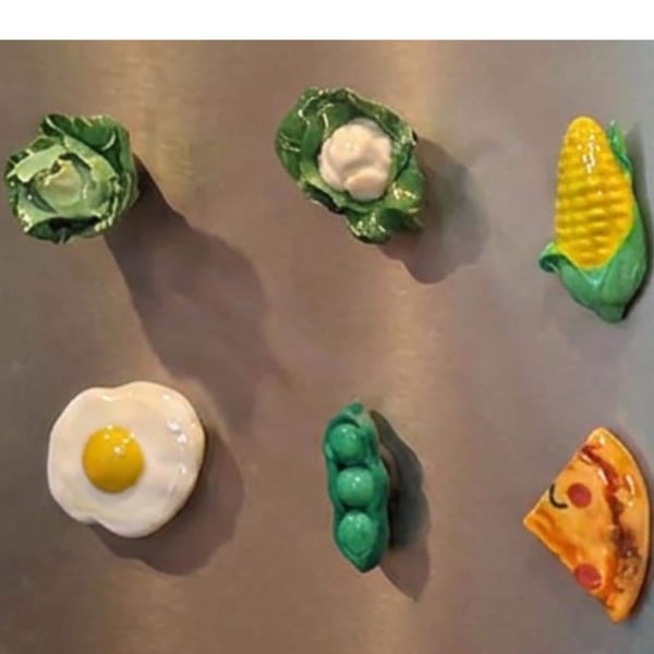 Handmade Polymer Clay Food Fridge Magnets, Realistic Cauliflower, Corn, Egg, Piz