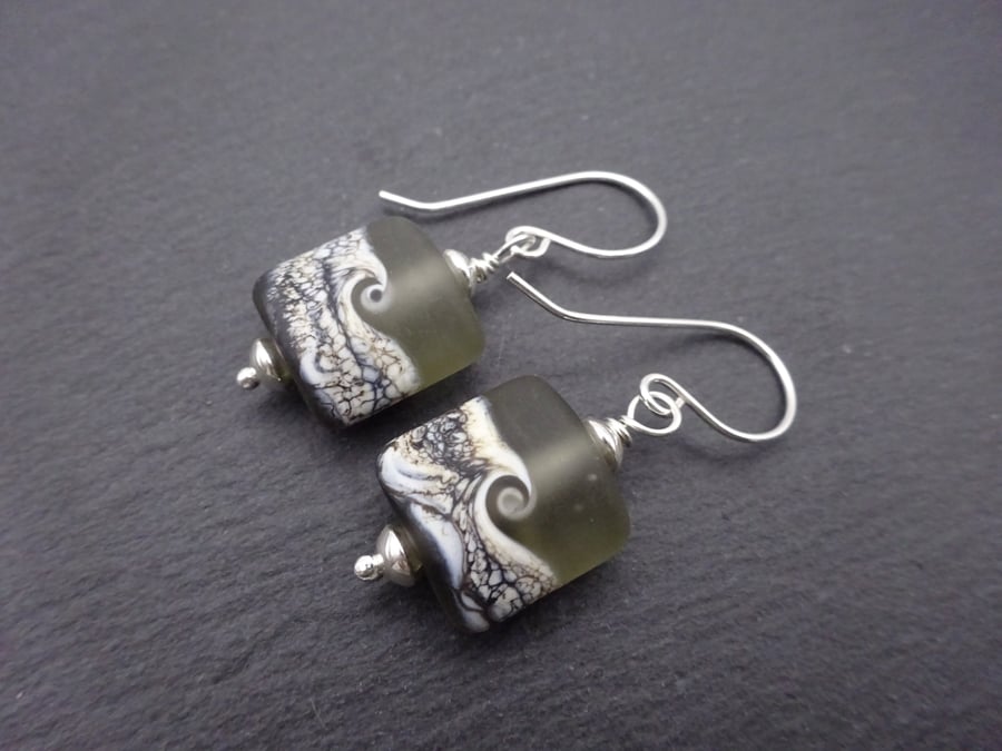 lampwork glass black frosted sea earrings, sterling silver jewellery