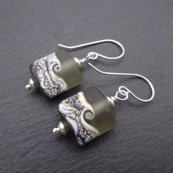 lampwork glass black frosted sea earrings, sterling silver jewellery