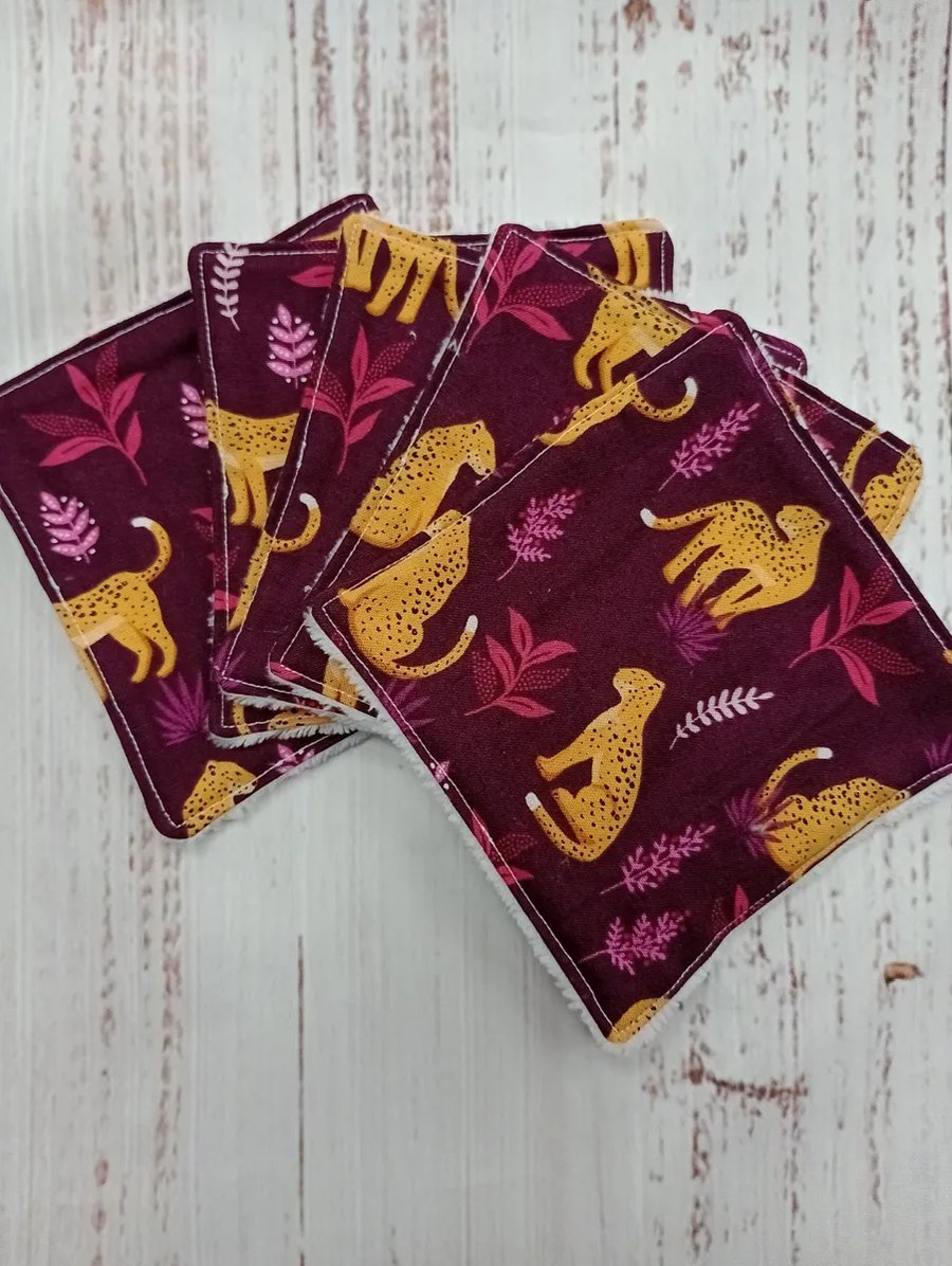 5 Reusable bamboo wipes - leopards on maroon