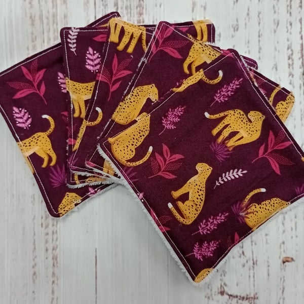 5 Reusable bamboo wipes - leopards on maroon