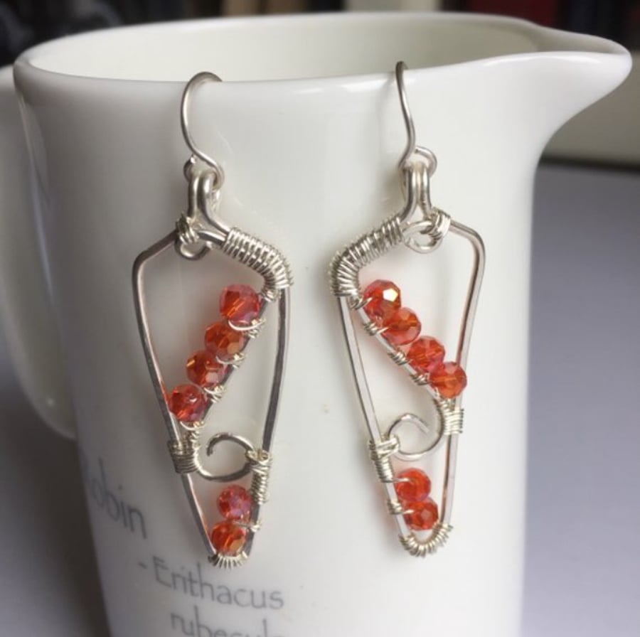 Orange and silver wire wrapped earrings