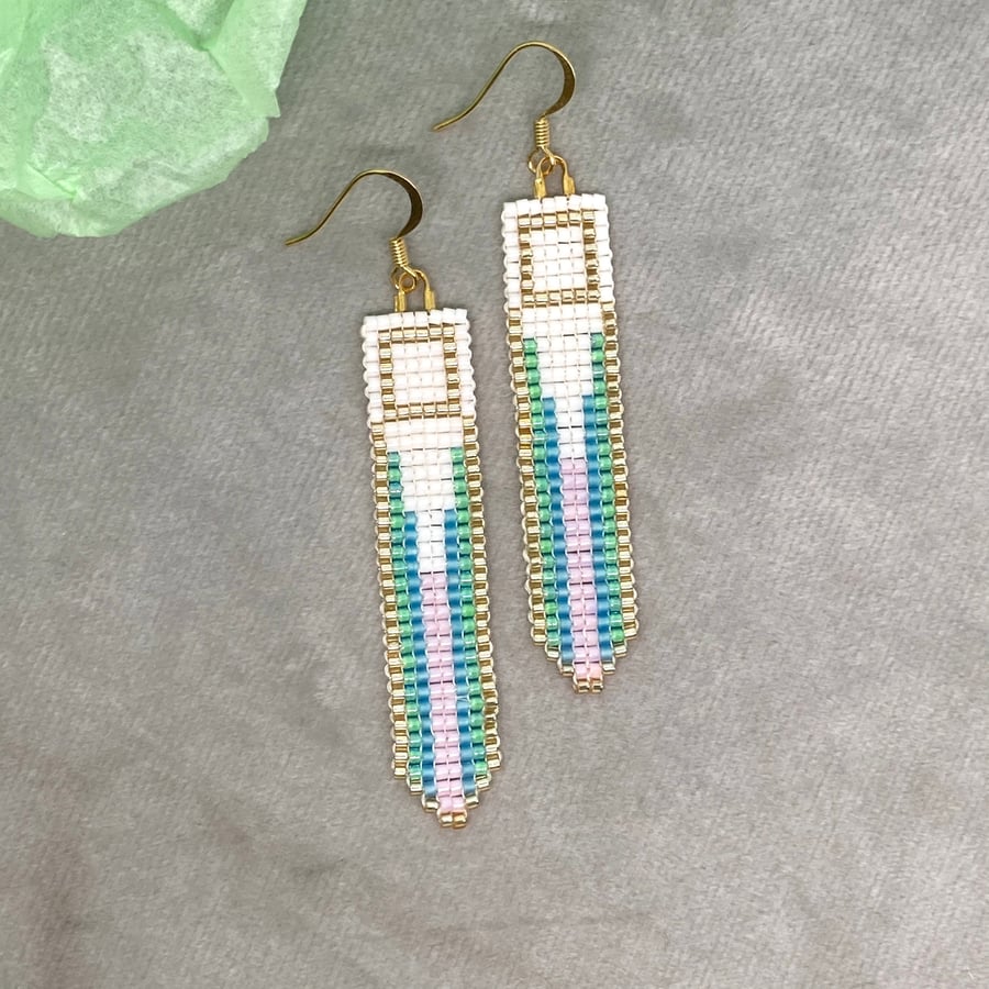 Handwoven beaded drop earrings, Miyuki delica glass seed beads, art deco style