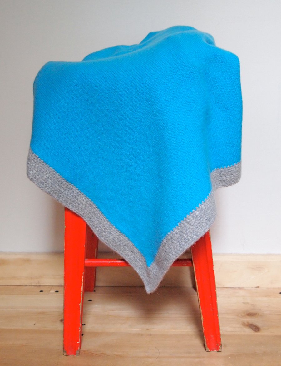 Blue Lambswool Blanket With Grey Crochet Edging